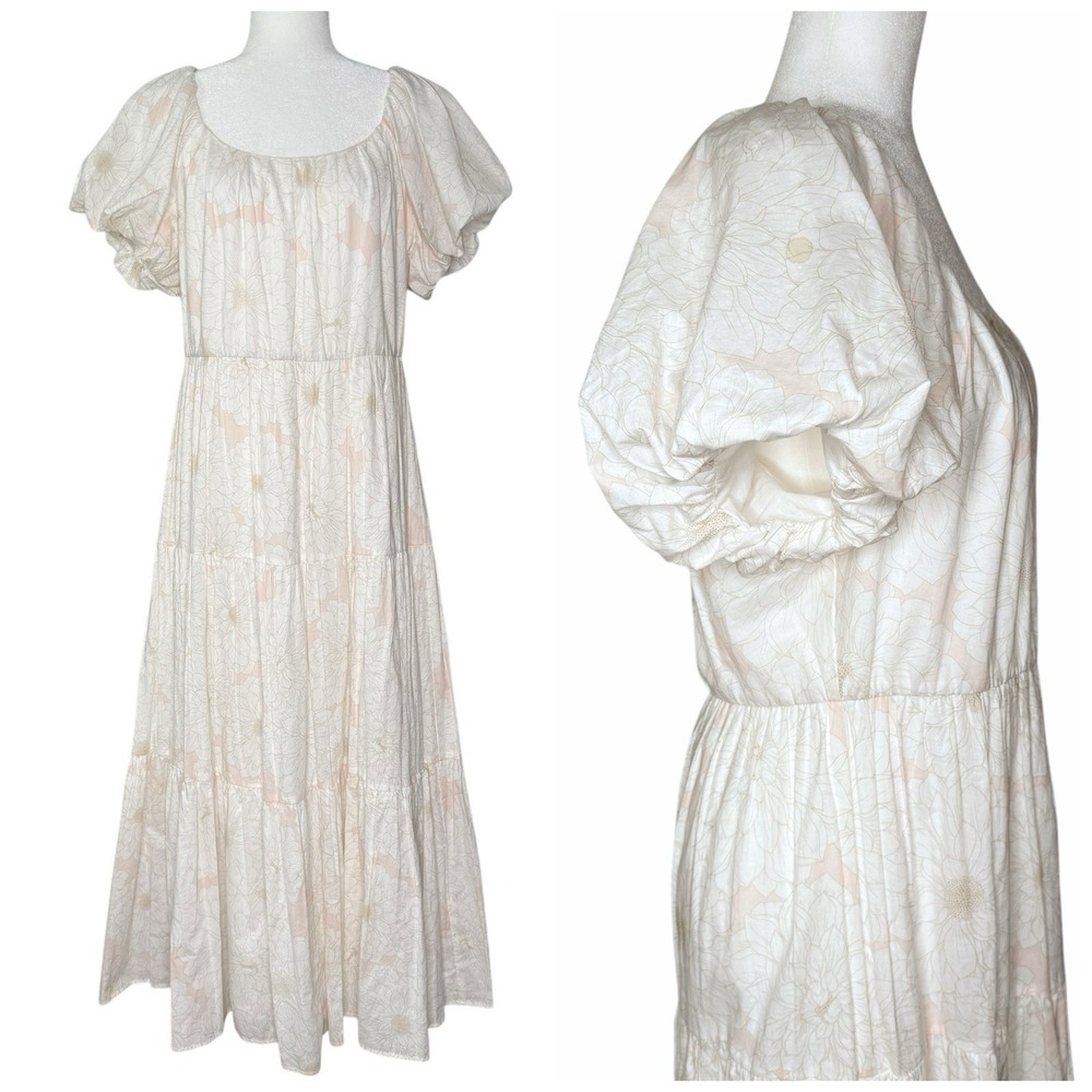 Calvin Klein Maxi Dress L Babydoll Cottage Tiered Boho Floral‎ Balloon Sleeve
